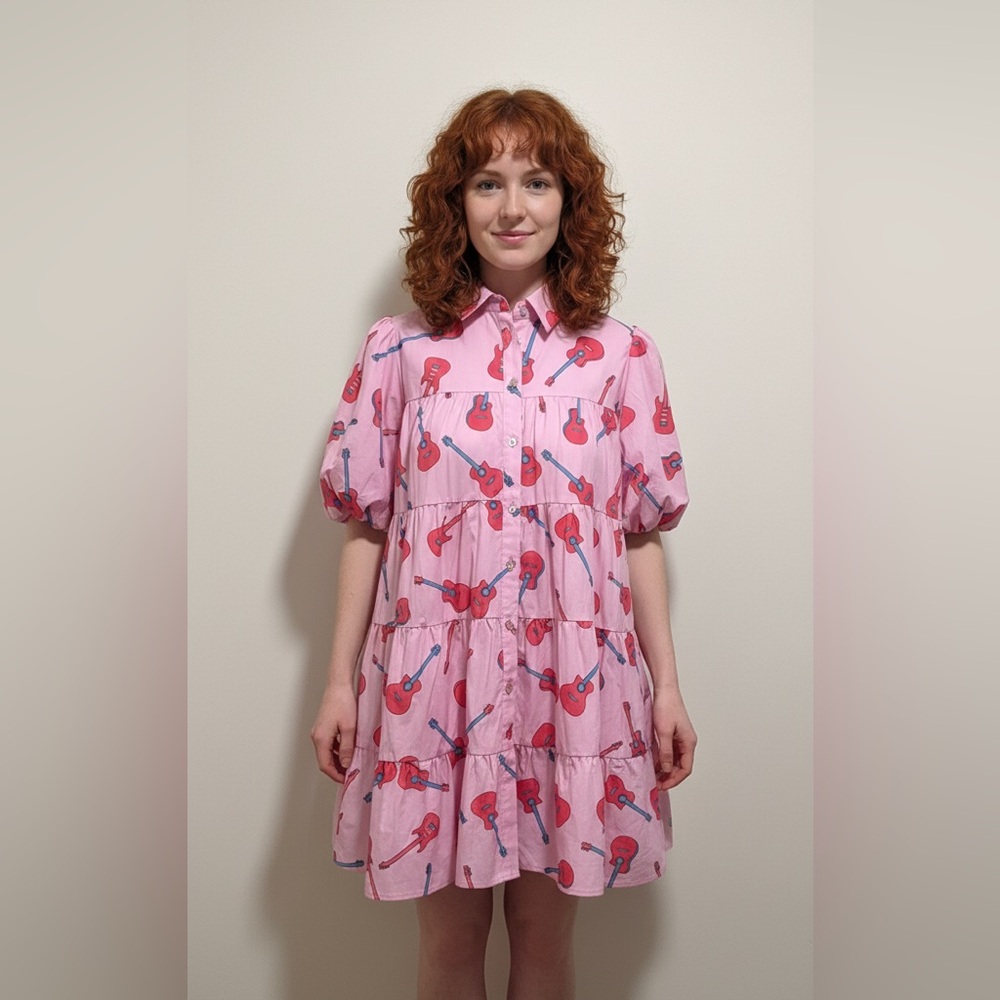 Peach Love California Pink Guitar Print Tiered Dress